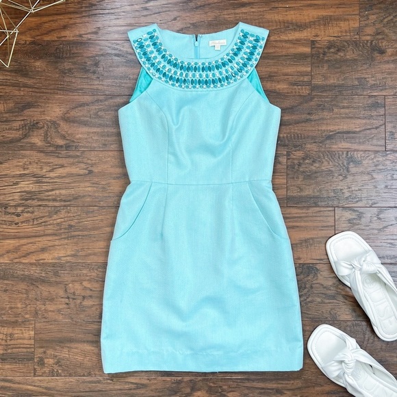 Shoshanna • Jewel Neck Sheath Dress mini cocktail aqua turquoise embellished - Picture 1 of 10